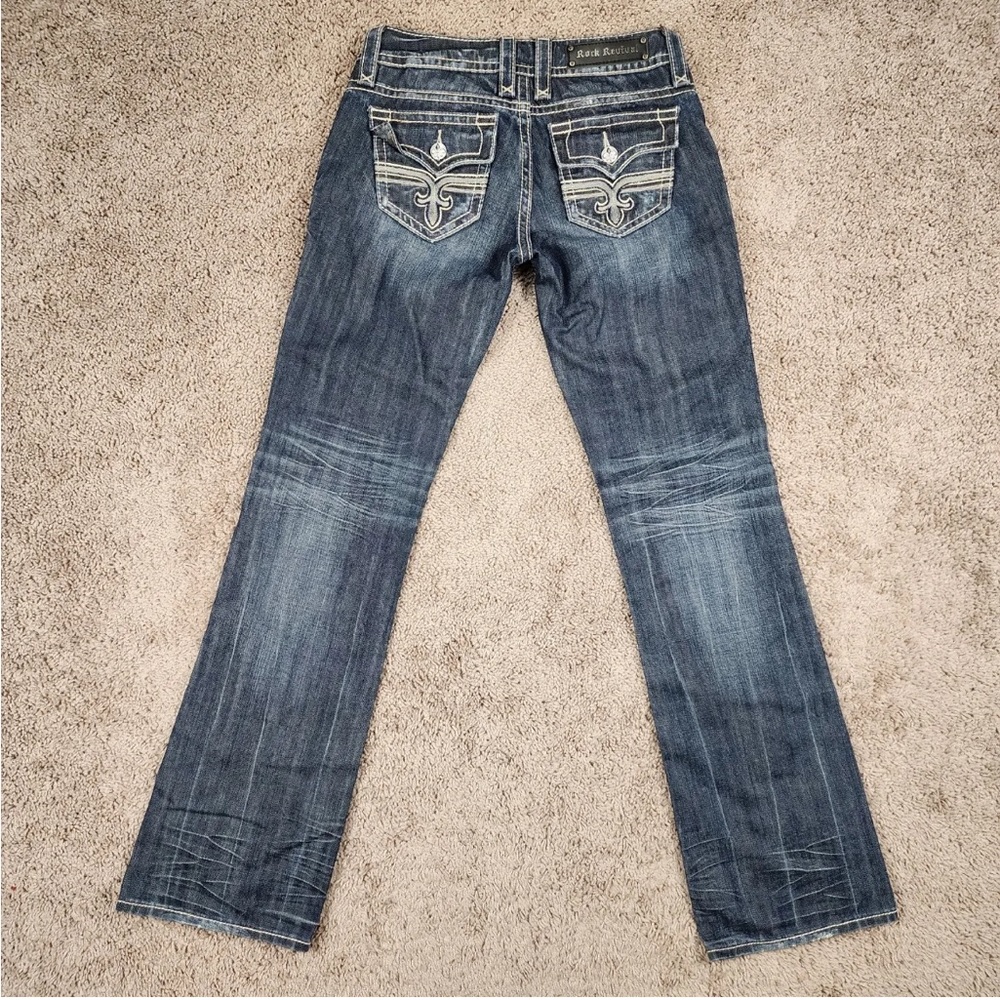Rock Revival Blue Jeans Tori Boot Cut Sz 28 Factory Distressed Flap Pockets